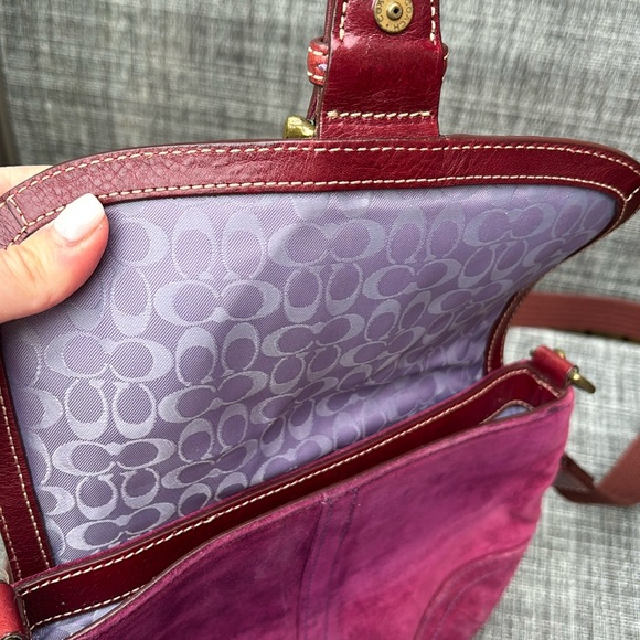 Coach Crossbody Handbag Soho Suede Plum Purple Flap Faux Buckle Adjustable strap - Picture 6 of 7
